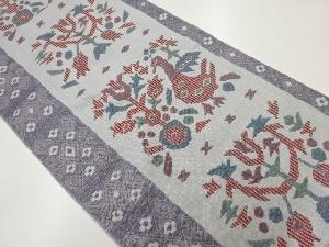 縞に抽象花鳥・菱模様織出し洒落袋帯